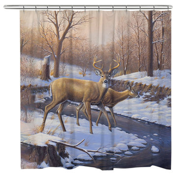 Snowy Deer Creekside Shower Curtain