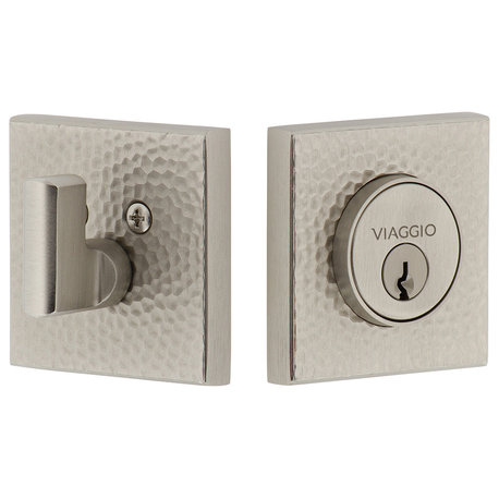 Quadrato Hammered Rosette Single Cylinder Deadbolt, Satin Nickel