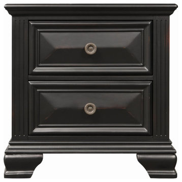 Classic Nightstand, Pine Frame With Carved Details & 2 Drawers, Vintage Black