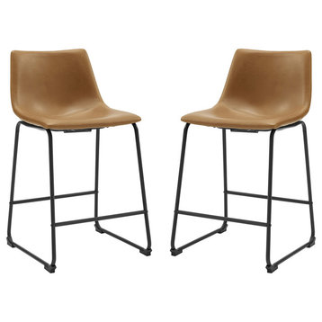 24" Faux Leather Counter Stool 2 pack, Whiskey Brown