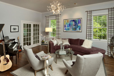Inspiration for a large transitional open concept medium tone wood floor and brown floor living room remodel in New York with a music area and gray walls