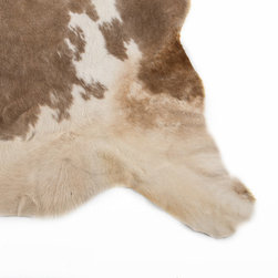 Luxury Natural Cowhide Area Rug, Handmade, Beige, White, Hair-on-Hide, 7'0"x6'7" - Novelty Rugs