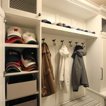 Mudroom Built Ins In White Cabinets With Wire Mesh Inserts