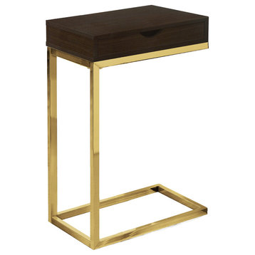 Accent Table, C-Shaped, Storage Drawer, Metal, Laminate, Brown, Gold