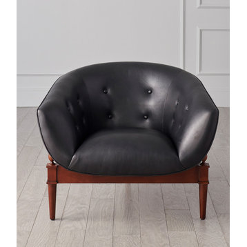 Luxe Mid Century Modern Black Leather Club Chair  Round Barrel Minimalist Retro