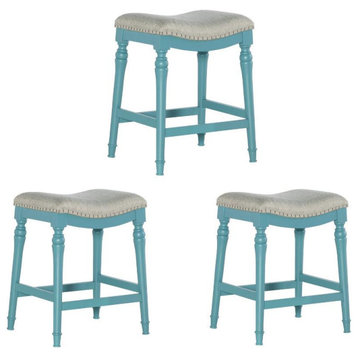Home Square 3 Piece Saddle Polyester Upholstery Wood Counter Stool Set in Blue