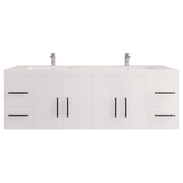 Rosa 72" Double Sink Wall Mounted Vanity with Reinforced Acrylic Sinks, High Gloss White