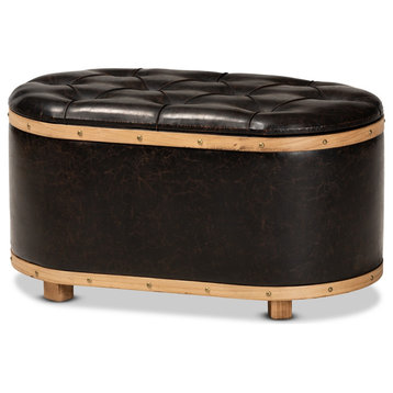 Modern Transitional Dark Brown Faux Leather Upholestred Wood Storage Ottoman