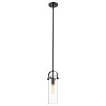 Innovations Lighting - Innovations Lighting 423-1S-BK-4CL Pilaster 1 Light 25" Mini Pendant - Innovations Lighting 423-1S-BK-4CL Pilaster 1 Light 25 inch Mini Pendant. Style: Restoration. Collection: Restoration. Material: Steel, Cast Brass, Glass. Metal Finish(Body): Matte Black. Metal Finish(Canopy/Backplate): Matte Black. Dimension(in): 14.5(H) x 5(W) x 5(Dia). Bulb: (1)60W 60 Watt Candelabra Base T8 Vintage Bulb(Not Included). Voltage: 120. Dimmable: Yes. Color Temperature: 2200. CRI: 99.9. Lumens: 220. Maximum Wattage Per Socket: 100. Min/Max Height(Fixture Height with Cord or Included Stems and Canopy)(in): 23.5/47.5. Wire/Cord: 10 Feet of Black Wire. Sloped Ceiling Compatible: Yes. Glass Shade Description: Clear Pilaster. Shade Material: Glass. Glass or Metal Shade Color: Clear. Glass Type: Transparent . Shade Size Dimension(in): 4(Dia) x 12(H). Canopy Dimension(in): 4.5(Dia) x 0.75(H). UL and ETL Certification: Damp Location.