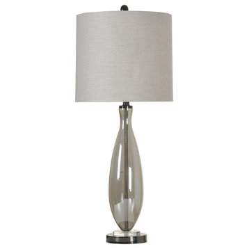 Smoke Glass Table Lamp with Grey Fabric Drum Smike Glass Table Lamp with Grey