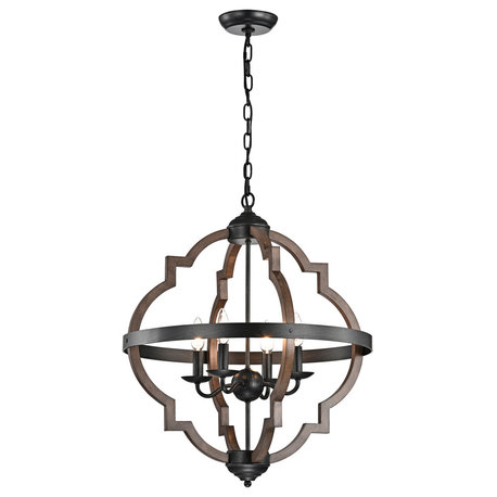 Carol 4-light Brown Natural Wood Chandelier Cage Antique Black Metal