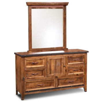Sunset Trading Rustic City Wood Dresser and Mirror with 6-Drawer in Rustic Oak