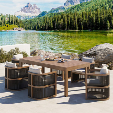 7 Pieces Outdoor Dining Set For 6 with Rectangle Table & Rope Woven Armchair in