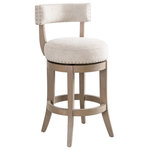 Armen Living - Mystic Wood 26" Swivel Barstool, Ancient Stone Fabric, Set of 3 - The Mystic Barstool combines timeless elegance with modern functionality, making it a perfect addition to your kitchen island, counter, or home bar. Featuring a sleek low-back design, round upholstered seat, and intricate nailhead trim detailing, this barstool offers a refined and sophisticated look. The plush seat is upholstered in durable polyester fabric and filled with fiber-wrapped foam for superior comfort and longevity.