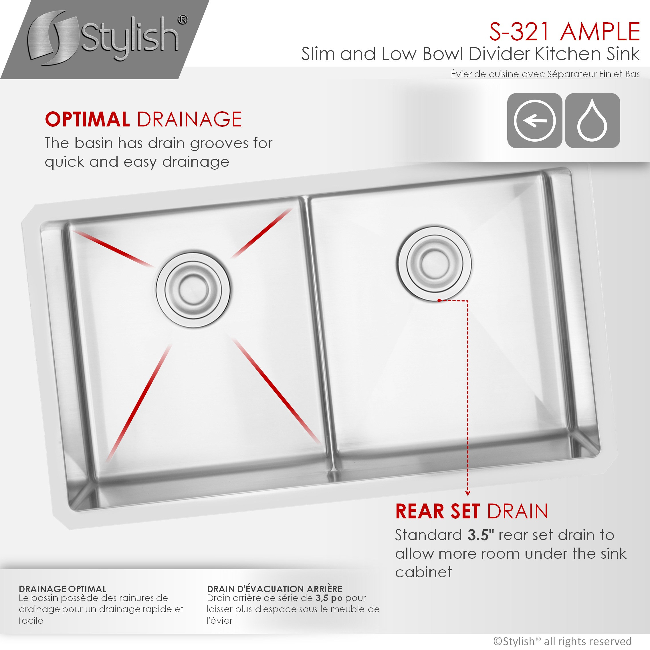 STYLISH 32"L x 18"W Stainless Steel Low Divider Undermount Kitchen Sink