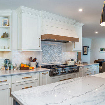 White Cabinetry with Open Shelving and Tile Backsplash Medallion | San Diego, CA