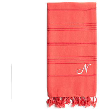 Personalized Summer Beach Pestemal Towel, Coral, White Font, N
