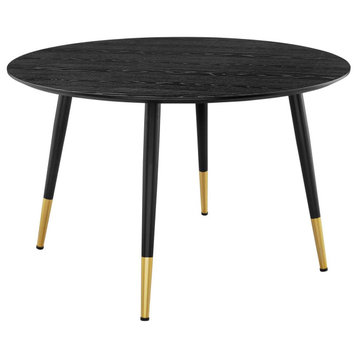 Midcentury Dining Table, Round Top & Sleek Legs With Golden Sleeves, Matte Black