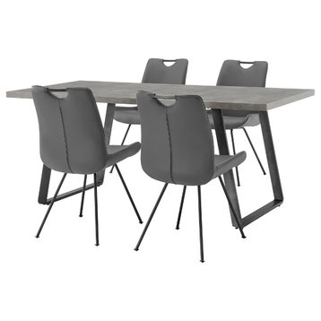 Benzara BM272507 71" 5 Piece Faux Leather Dining Set, Concrete Top, Gray