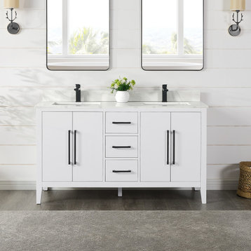 Laurel Bathroom Vanity with Calacatta White Quartz Stone Countertop, White, 60", Without Mirror