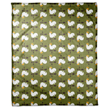 Green Rooster Pattern Fleece Blanket