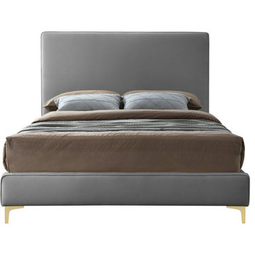 Geri Velvet Upholstered Bed, Grey, Queen