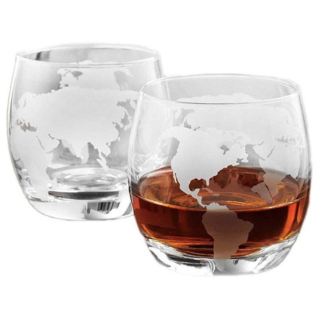 Denizli Etched Globe DOF 10 Oz Whisky Glasses, Liquor Glassware, Set of 2