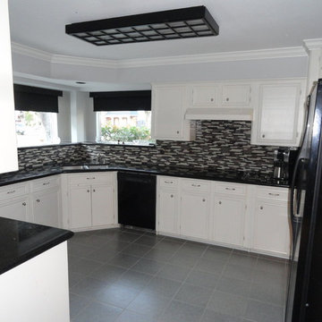 Kitchen, glass mosaic tile, floor tile, paint, before and after