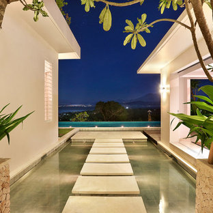 他の地域の中サイズのトロピカルスタイルのおしゃれな玄関 (白い壁、テラゾーの床) の写真