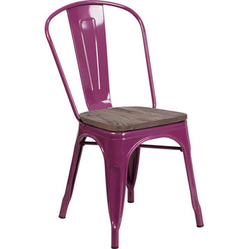Purple Metal Stackable Chair With Wood Seat
