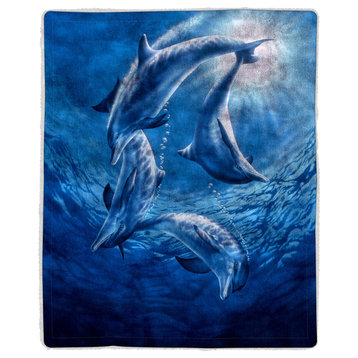 Sherpa Fleece Throw Blanket, Ocean Dolphin Print Pattern, by Lavish Home