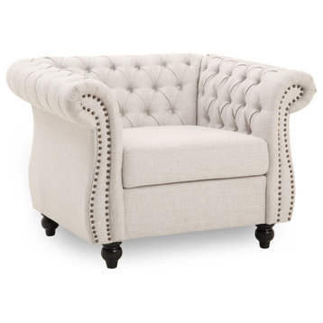 Chesterfield Accent Chair, Tufted Back and Rolled Arms With Nailhead, Beige
