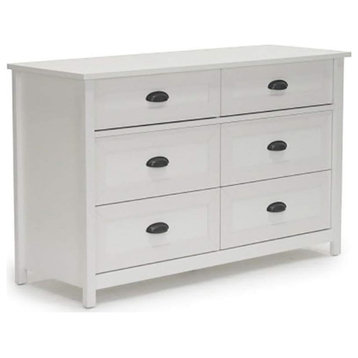 French Country Double Dresser, 6 Storage Drawers With Metal Handles, Soft White