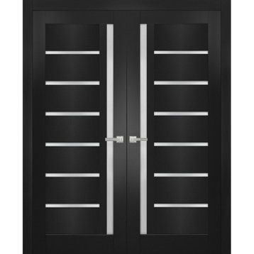 Interior French Double Doors, Quadro 4088 Black Frosted Glass, 84"x80" (2* 42x80)
