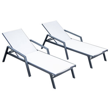 LeisureMod Marlin Patio Chaise Lounge Chair Black Arms Set of 2, White