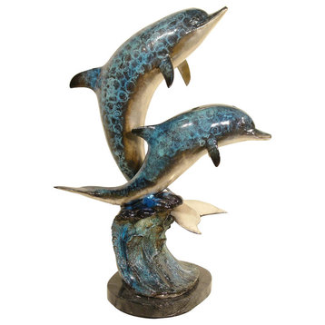 Dolphins Playing On a Wave With Marble Base Bronze Sculpture