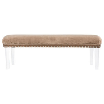 Brianna Modern Luxury Faux Fur Upholstered Bench with Clear Legs, Mink