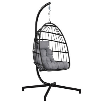 Ember Modern Rattan and Steel Hanging Egg Chair With Gray Cushions