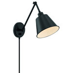 Crystorama - Mitchell 1 Light Matte Black Wall Mount - The functional and fashionable Mitchell task light is versatile enough to fit into any interior. Stylish, modern and minimal, the fixture features a tapered metal shade and round beveled backplate, powered by a dimmable switch to adjust brightness and can be hardwired or plugged into your outlet. Designed to direct light where you need it most, this fixture is both sleek and contemporary, allowing its design to be incorporated easily into any home decor.
