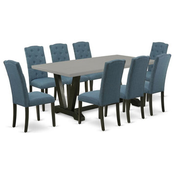 East West Furniture V-Style 9-piece Wood Dining Set in Black/Blue