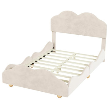 Modern Platform Bed, Cloud Shape Velvet Fabric Upholstered Headboard, Beige/Full