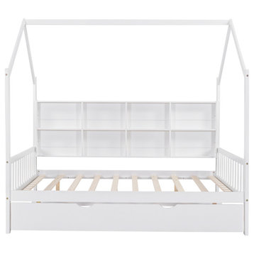 Gewnee Wood Full Size House Bed with Trundle for Kids in White