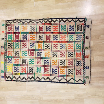 Vintage 4x3 Turkish Colorful Kilim Area Rug, Unique Wool Indoor Bedroom Fringe C