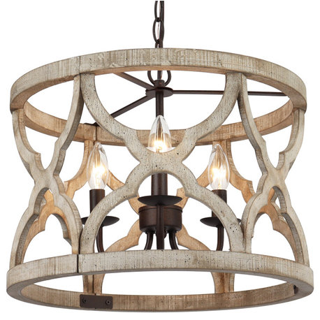 LNC Farmhouse Bronze Distressed Wood Cylinder Chandelier, 16" Width
