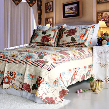 Shaine 100% Cotton 3PC Vermicelli-Quilted Patchwork Quilt Set (Full/Queen)