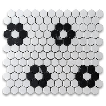 Thassos White Marble Hexagon Rosette Mosaic Tile Nero Marquina Black, 1 sheet