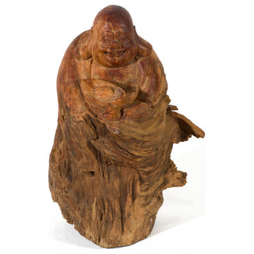 Hand Carved Cedar Wood Statue Happy Buddha