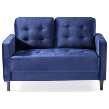 Comfortable Loveseat, Tapered Legs & Deep Tufted Seat With Track Arms, Navy