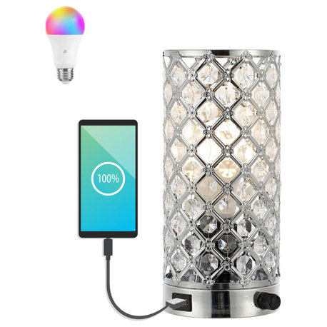 Lucie 9.5" Iron/Acrylic LED Mini Uplight Table Lamp With USB Port, Chrome/Clear