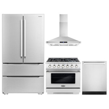 4 Piece, 36" Gas Range Range Hood 24" Dishwasher & Refrigerator